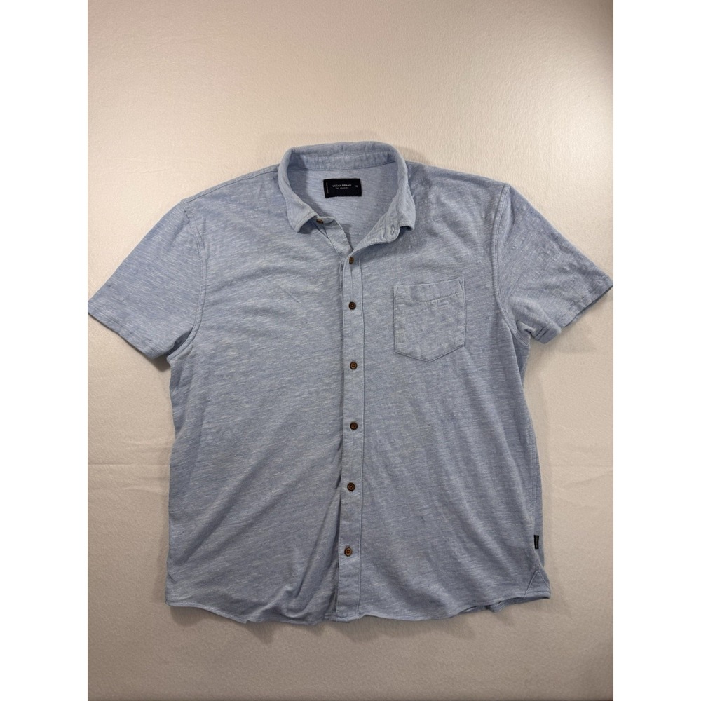 Lucky Brand Button Up Shirt Mens XL Short Sleeve Linen Blend Light Blue Casual